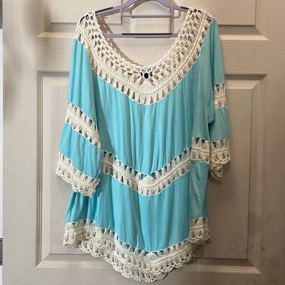 EUC Zenobia Stunning Turquoise & Cream Macrame 3/4 Sleeve Blouse, Sz 2x - Picture 4 of 7